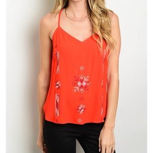 Spaghetti Strap Orange Top with Tribal Details